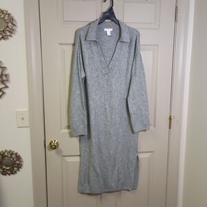 H & M Womens Sweater Midi Dress Size Small Gray Vneck Long Sleeve Loose Fit
